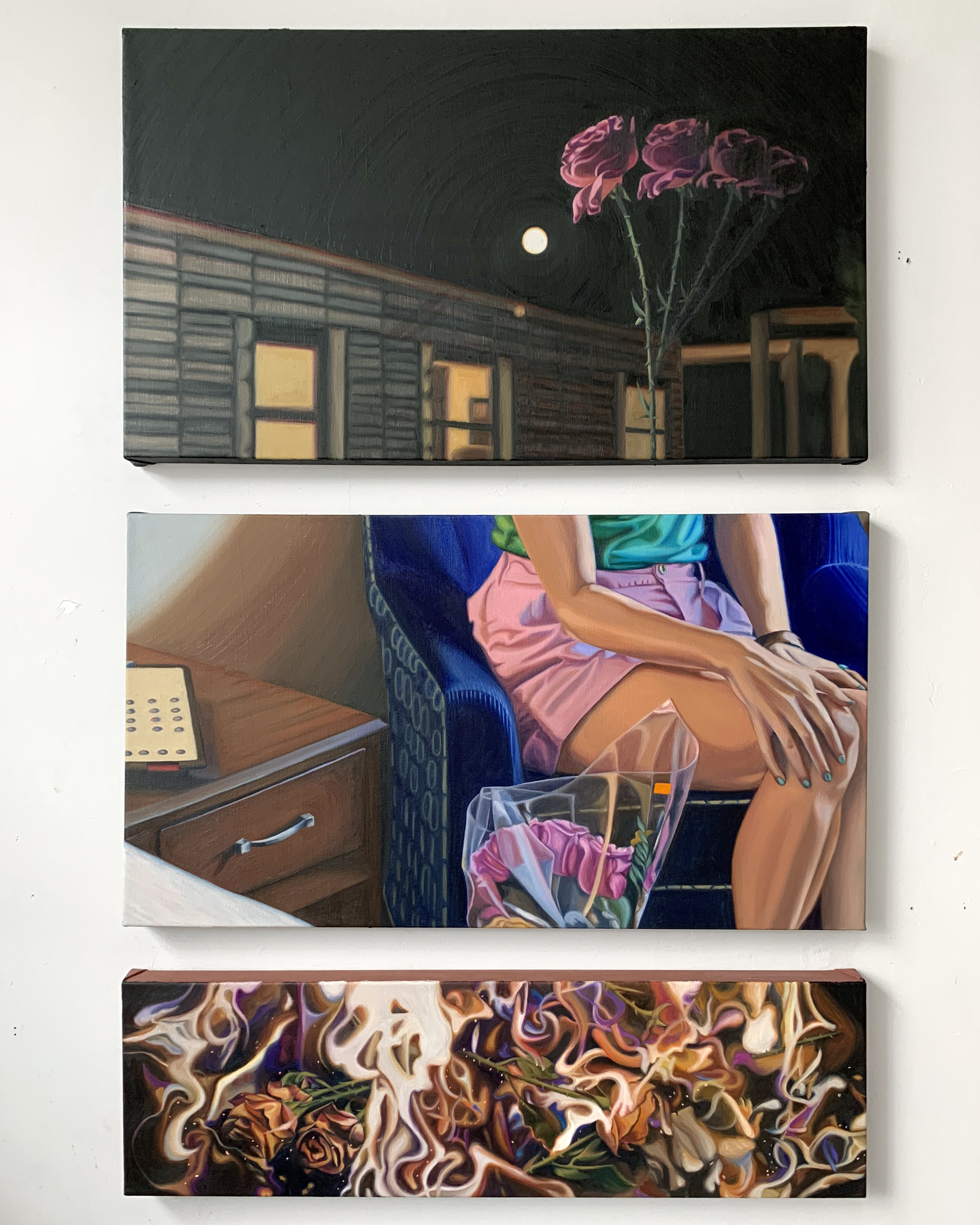 Household (triptych), 48x34 2021 <br>oil on canvas<br><br>"Households only account for 7-8% of carbon emissions in the US per year. This statistic tells me it is not the common consumer's fault or problem to fix. However, in imagining a socially responsible carbon removal society, our “emotional content and context around climate change: fear, loss, guilt, vulnerability, love, and longing” is a key capacity for “mobilize[ing] around the scale of action called for” (Buck, H.J. (2019). The After-Zero Society. In <i>After Geoengineering: Climate Tragedy, Repair, and Resotration.</i> (p. 195). Verso.)